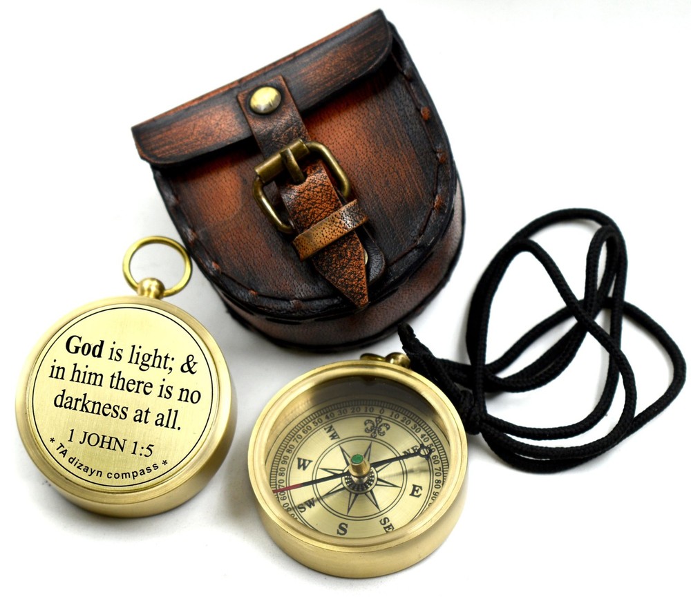 God is Light-1 John 1:5 Quote Engraved Compass with 2″ Inch, Poolish Brass