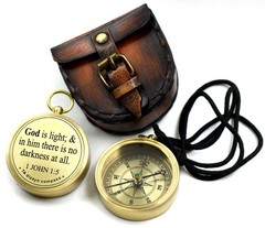 God is Light-1 John 1:5 Quote Engraved Compass with 2″ Inch, Poolish Brass
