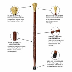 Handmade Brass Handle Walking Stick, Victorian Style Wooden Cane, Floral Carved
