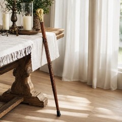 Handmade Brass Handle Walking Stick, Victorian Style Wooden Cane, Floral Carved