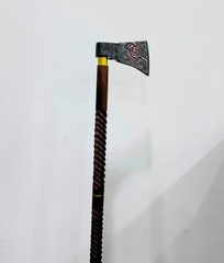 Walking Cane/Axe Handle Design/Black Metal Head, Gold Accent Band/Walking Stick