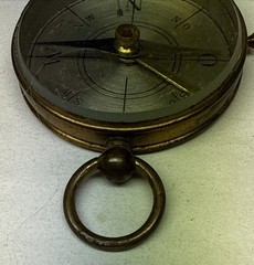 Old Antique Brass German Pocket Compass No East O Odd 1 5/8” Dia 3/8” Tall Lock