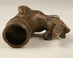 RARE VICTORIAN OLD BRONZE HAND CARVED DOG BITE BIRD STATUE WALKING STICK HEAD
