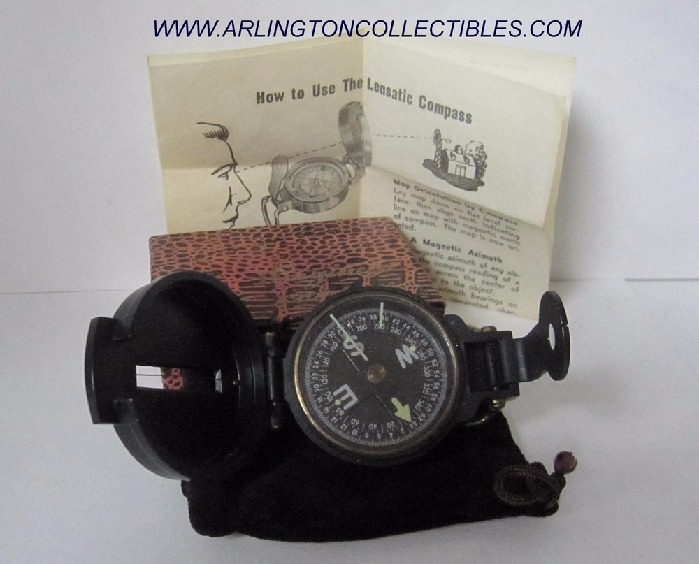 Vintage LENSATIC Black Plastic Engineer Compass w/ Brass Ring in Origianl Box