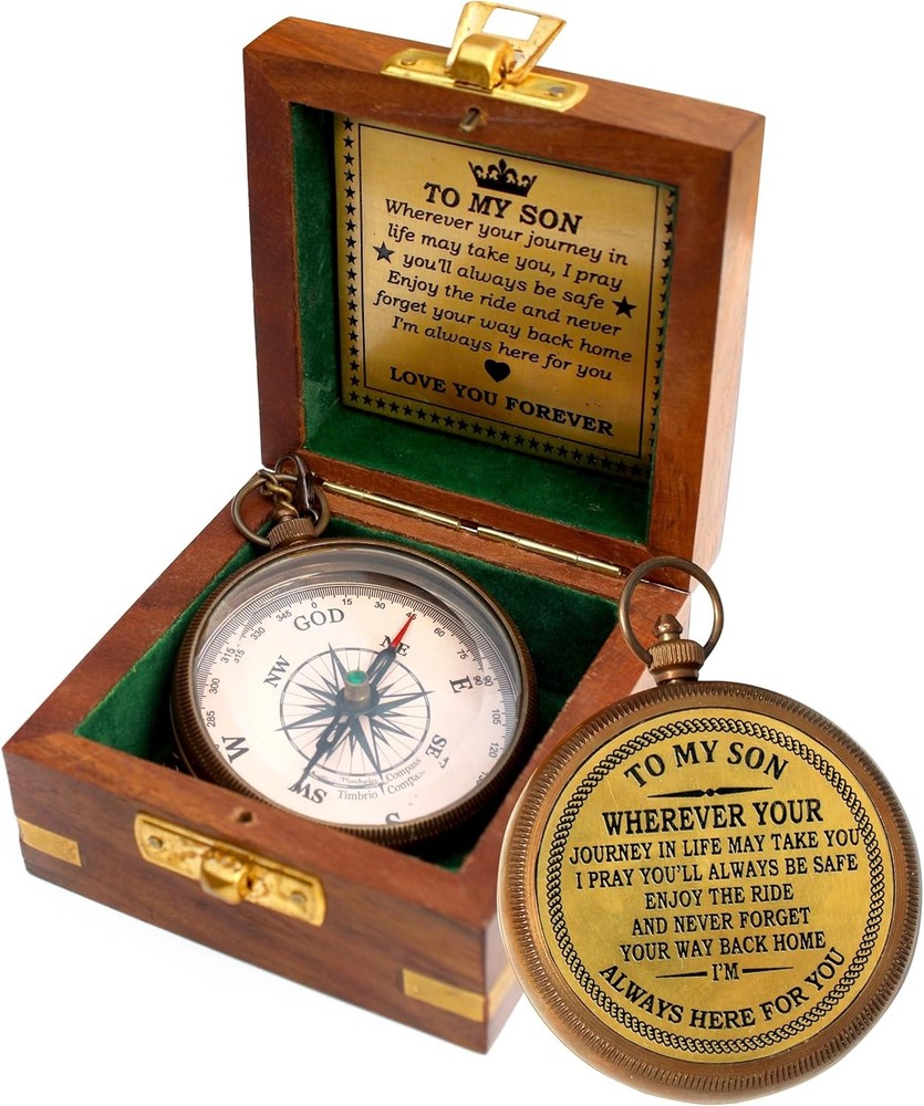 to My Son Engraved Brass Compass with Wooden Box – Inspirational Gift from Dad