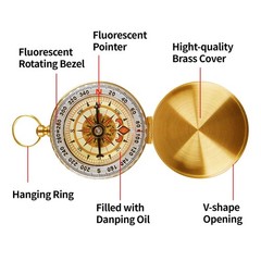 Portable Brass Pocket Compass with Luminous Dial, Vintage Pocket Watch Compass