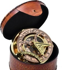Antique Brass & Copper Sundial Compass, Sundial Clock in Leather Box Gift