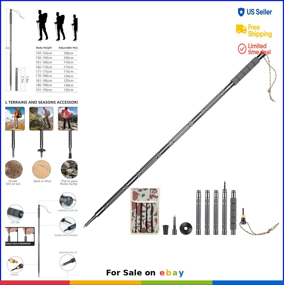 Hiking Pole Detachable Lightweight Aluminum Walking Stick with Compass Whistle