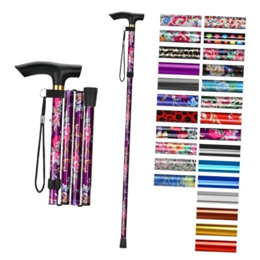 Folding Cane, 5-Level Adjustable Height Walking Stick Purple Floral