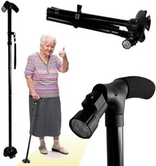 Folding LED Walking Stick Cane All-Terrain Pivoting Base Adjustable Black