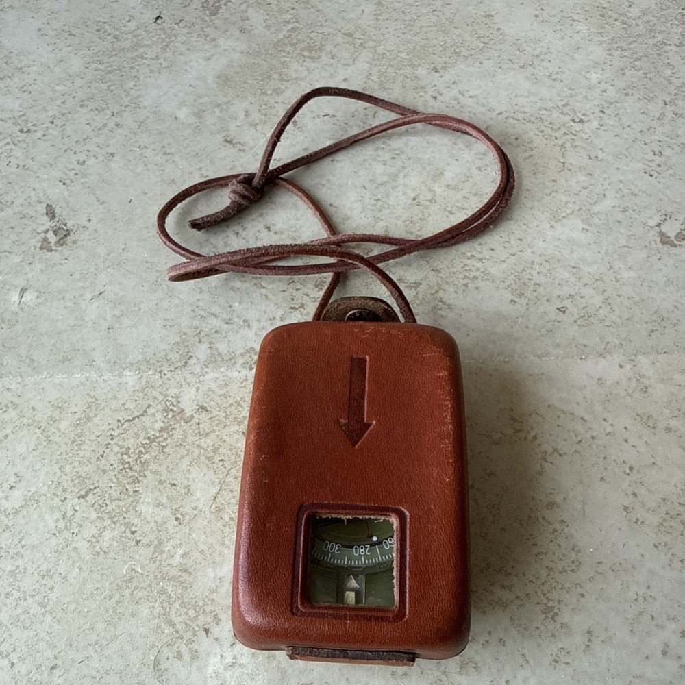 Vintage Acrylic Glass Compass w/ Mirrored Leather Case