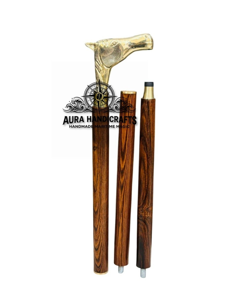 AURA Nautical 37″ Wooden Walking Stick Cane W/Brass Horse Head Handle Easter