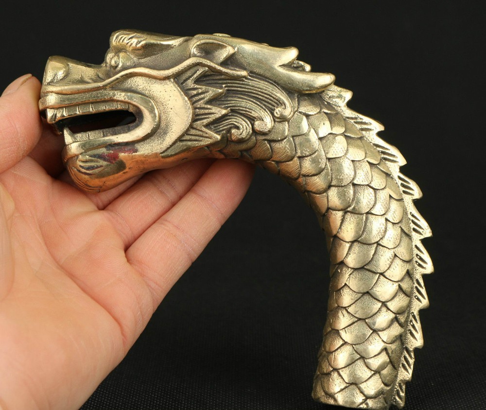 ASIAN CHINESE OLD COPPER HAND CARVED FEROCITY DRAGON STATUE WALKING STICK HEAD A