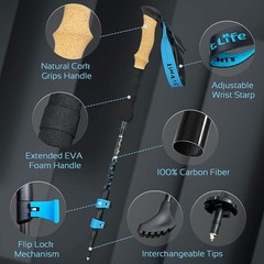 Foldable telescopic trekking poles with cork handles and extended EVA grips.