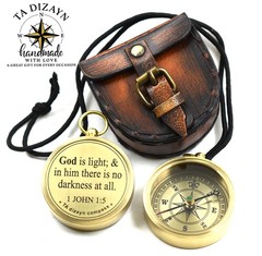 God is Light-1 John 1:5 Quote Engraved Compass with 2″ Inch, Poolish Brass