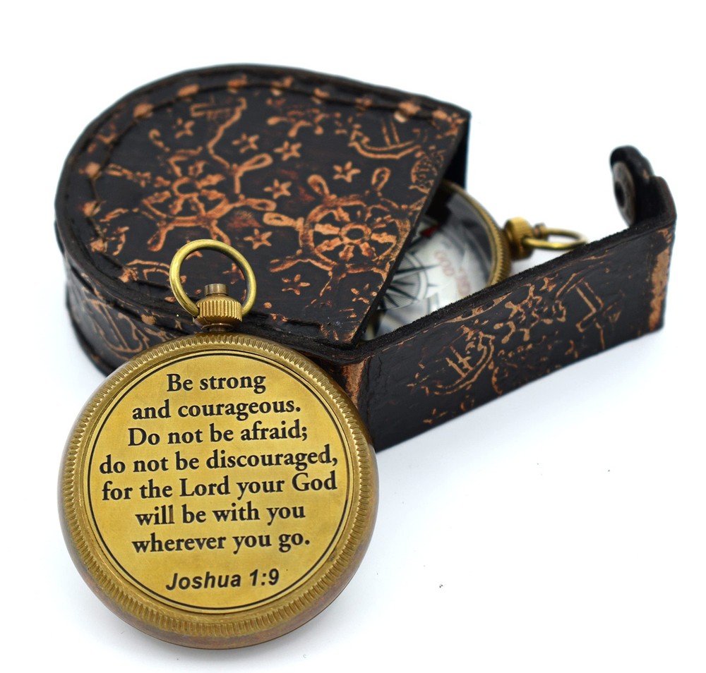 Engraved Brass Compass Wooden Box Joshua 19 Religious Baptism Gift Men Women