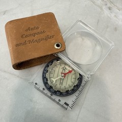 Vintage Auto Compass and Magnifier and Leather Sheath