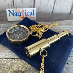 Brass Telescope & Compass Gift Set w/ Velvet Bag / Optional 27″ Chains -Necklace
