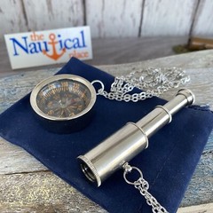 Brass Telescope & Compass Gift Set w/ Velvet Bag / Optional 27″ Chains -Necklace