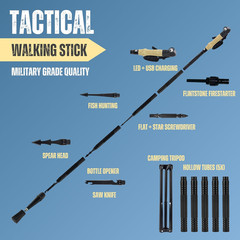 Collapsible Tactical Walking Stick with LED Light, USB Charging, Cork Grip, and