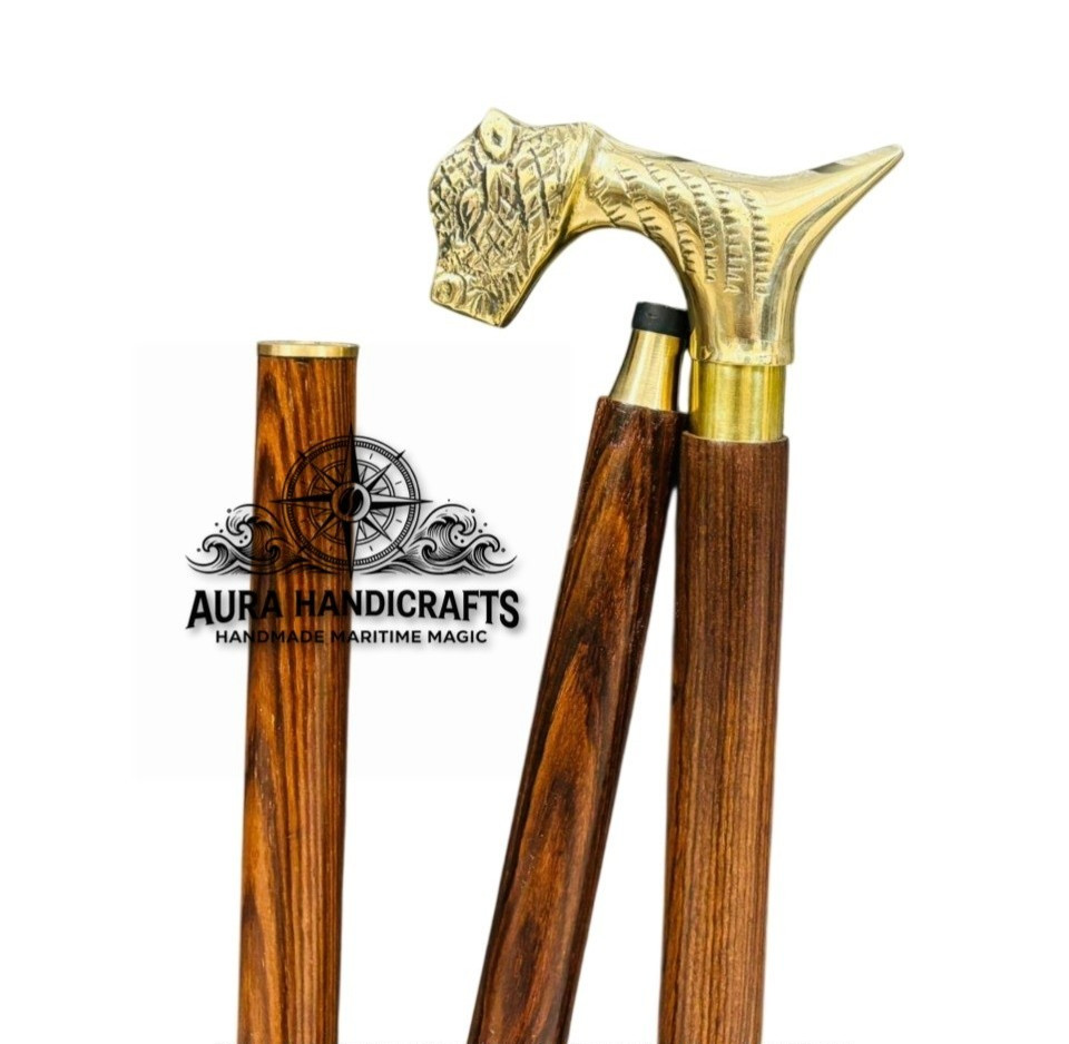 AURA Handmade Wooden Walking Stick With Brass Tiger Head Handle 37″ Easter Gift