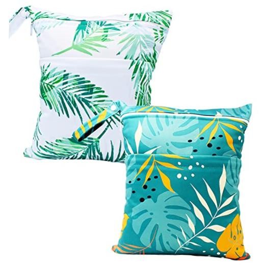 Wet Dry Bag Waterproof Reusable Wet Bag for Swimsuit, Travel, Beach, green leaf