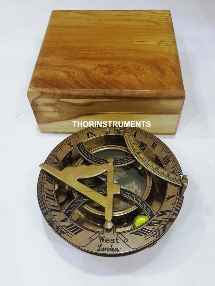 4 Inch Antique Brass Sundial Compass Clock Wood Box Ship Replica Watch Decor