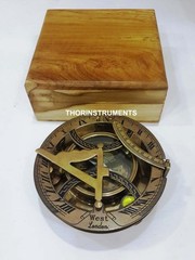 4 Inch Antique Brass Sundial Compass Clock Wood Box Ship Replica Watch Decor