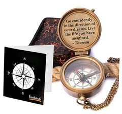 Solid Brass Thoreau’s Go Confidently Quote Engraved Compass with Wooden Box,