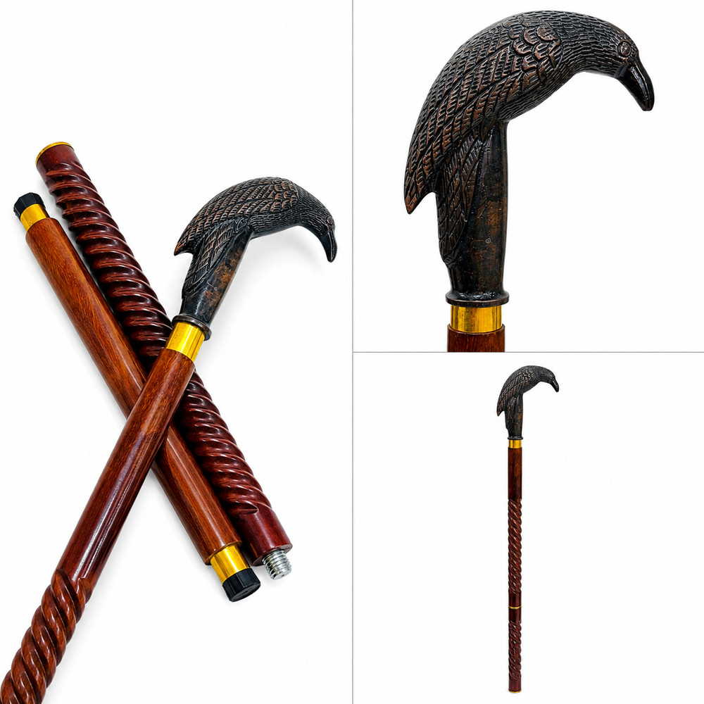 Walking Cane/Axe Handle Design, Black Metal Head, Wooden Shaft, Gold Accent Band