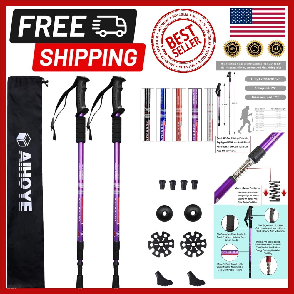Quality Hiking Trekking Poles – Anti-Shock, Adjustable Height, 52 Inch