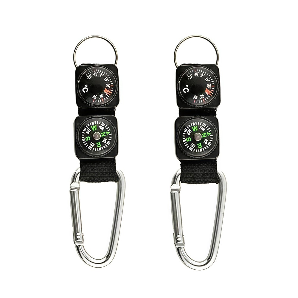 2Pcs Black Carabiner Key Chain Compass Thermometer Metal Camping Outdoor Gadgets