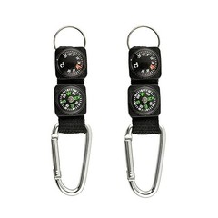 2Pcs Black Carabiner Key Chain Compass Thermometer Metal Camping Outdoor Gadgets