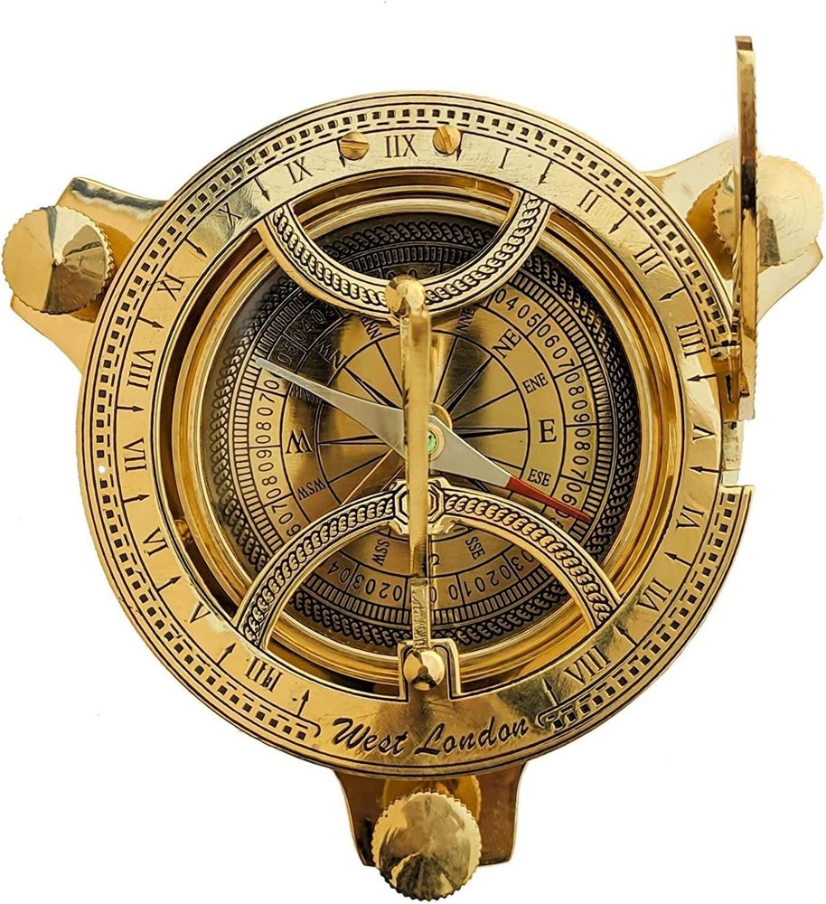 Vintage Triangle Brass Sundial Compass with Leather Case Handmade Nautical Gift