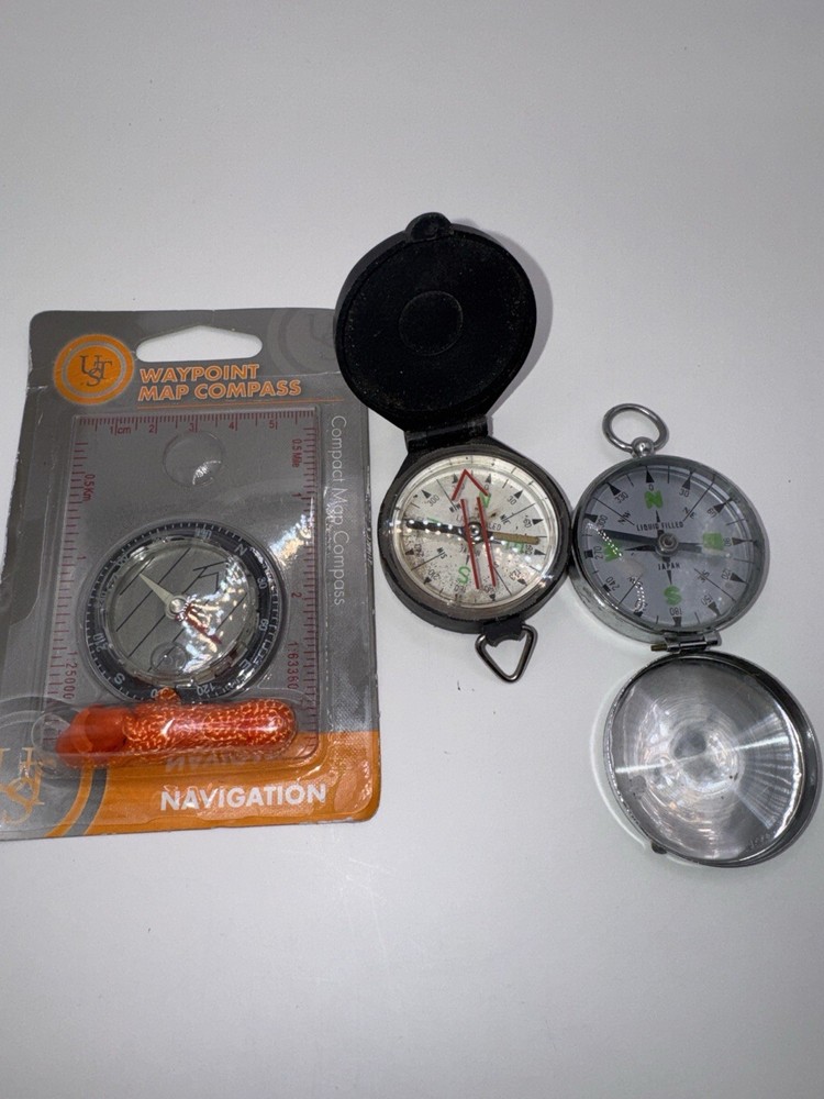 Lot of 3 Compasses – Liquid Filled Pocket & Map Compass Japan UST