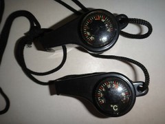 Two (2) New, Unused Survival Tools: Whistle With Compass +Thermometer + Lanyard