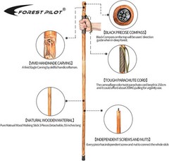 3pc Detachable Fir Wood Walking Stick for Hiking with Compass 55 Inches – with A