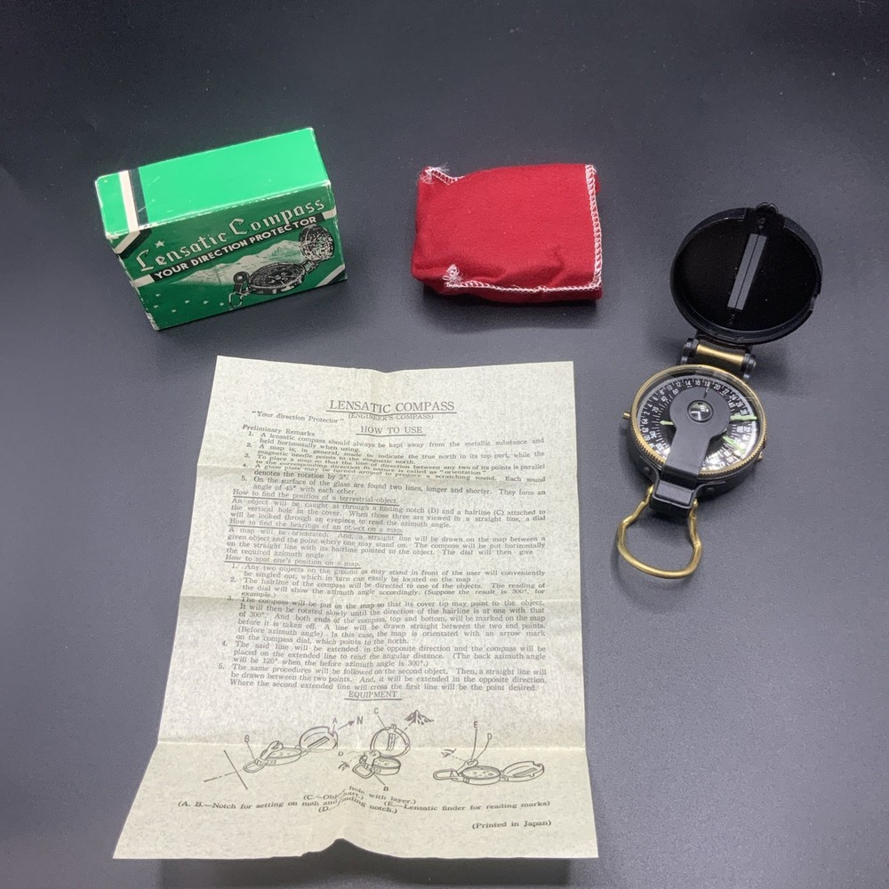 VINTAGE Lensatic Engineer Compass Your Direction Protector Original Box w/ Pouch