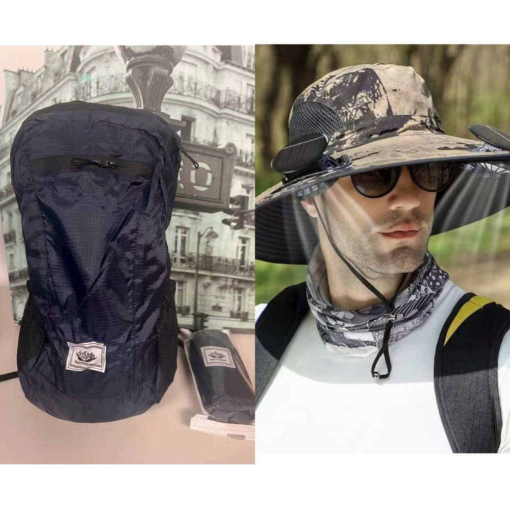 2Pcs Travel Set Waterproof Backpack + Solar USB Fan Sun Hat Adjustable