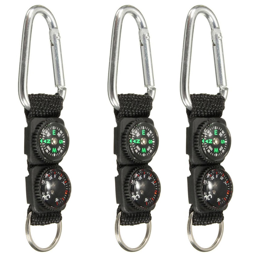 3PCS Multifunction Camping Carabiner Compass Thermometer Keychain Survival Tools
