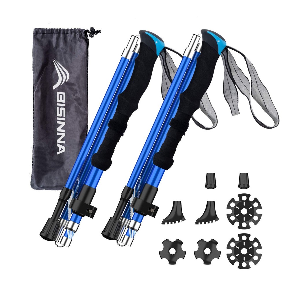 BISINNA Collapsible Trekking Hiking Poles- 2 Pack Folding Blue 115-135cm