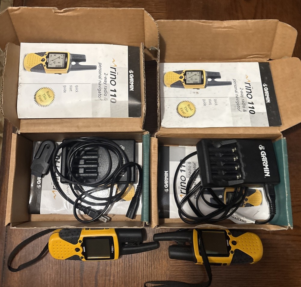 2 Garmin Rino 110 Handheld GPS Unit Yellow/Black Chargers No Batteries