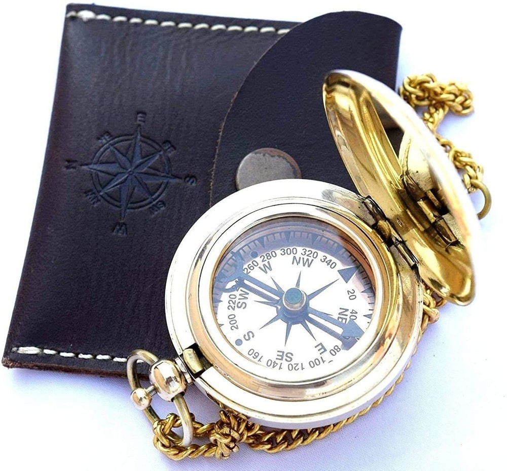 Vintage Brass Nautical Compass in Black Leather Case | Classic Gift & Décor