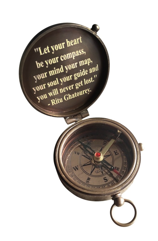 Brass Compass Engraved with Let Your Heart be Your Compass Quote, Gift Compasses