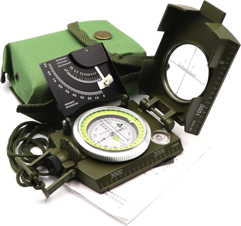 Military Compass Metal Lensatic Compass with Inclinometer, Night Fluorescent, Im