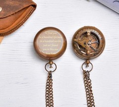 Handmade Antique Brass London Push-Button Compass with Leather Case