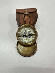 Antique Brass Pocket Compass Leather Case Engraved Camping Hiking Touring