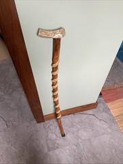 Hand-Carved 37”Wooden Walking Stick Cane W/Snake Design Antler Handle