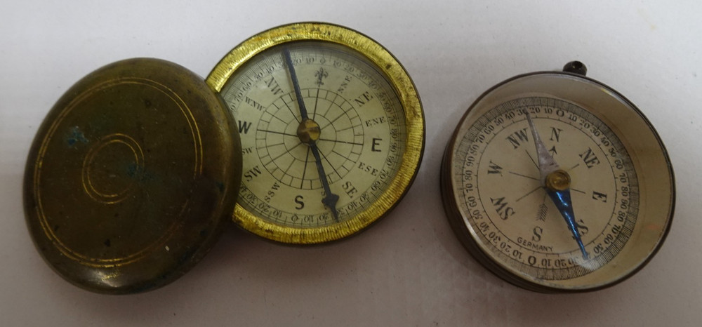 Brass Compasses 2 Handheld German N E S W Glass w Cover Lot Pair