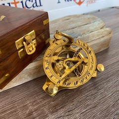 Small 2.5″ Brass Sundial Desk Compass w/ Wooden Box – Old Vintage Antique Style